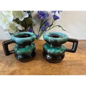 Vintage Canadian Pottery Candle Holders Green Drip Glaze Pair Retro Decor‎